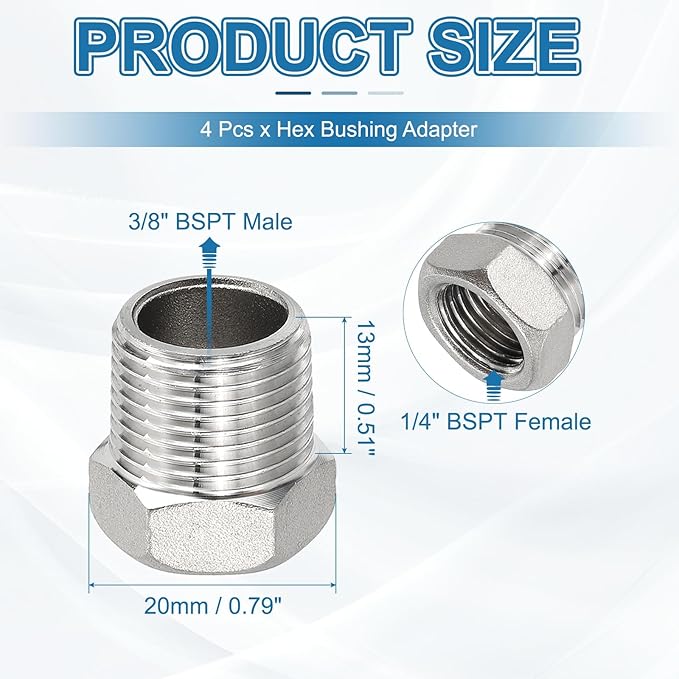 PATIKIL 304 Stainless Steel Reducer Hex Bushing 2Pcs, 3/8" BSPT Male to 1/4" BSPT Female Pipe Reducing Adapter Fitting Connector for Water Gas Hydraulic Pipes Shower Hose, Silver