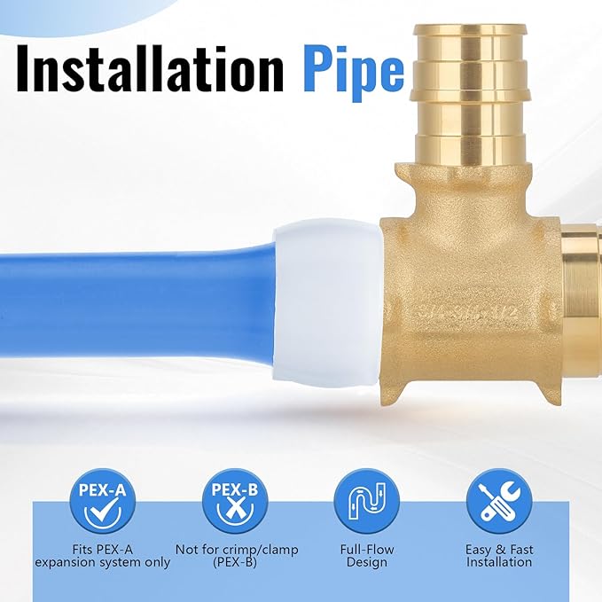(10-Pack YVSKM) 3/4" x 3/4" x 1/2” PEX-A Reducing Tee Expansion Fitting, Lead-Free Brass Full Flow Connector, ASTM F1960 & cUPC Certified for Residential Hot & Cold Water and Radiant Heating Systems