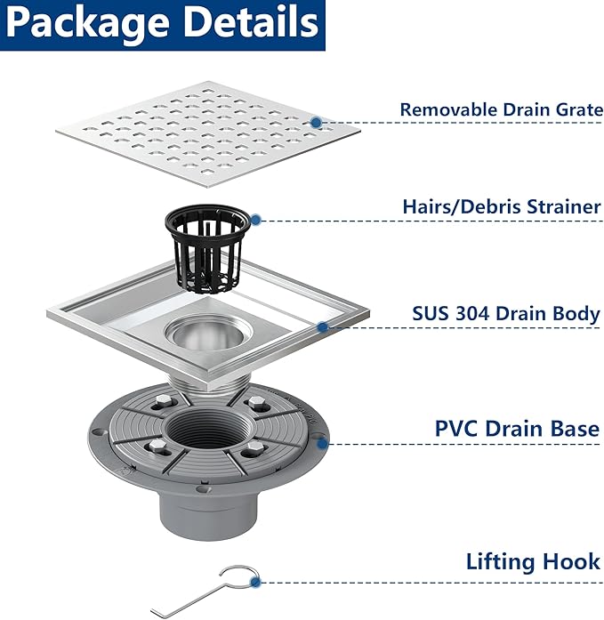 Neodrain Square Shower Drain,6 inch Stainless Steel 304 Grate and PVC Drain Body, Grate with Brushed Nickel Finish, Kit Includes Hair Trap/Strainer,Lifting Hook and PVC Drain Base