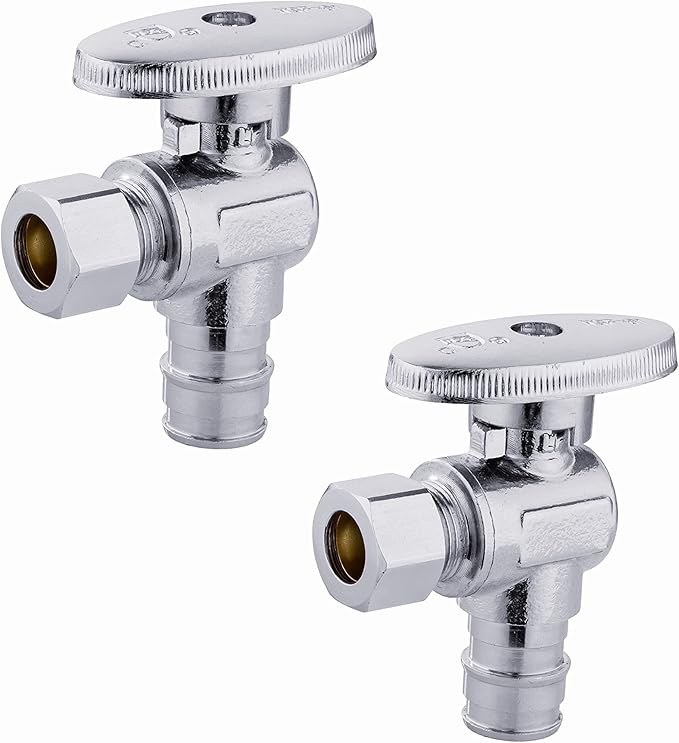 (Pack of 2) EFIELD Pex-a 1/4 Turn Angle Stop Valve 3/8" OD Compression x 1/2" Expansion (F1960) Chrome Plated Brass,(VALVE094)