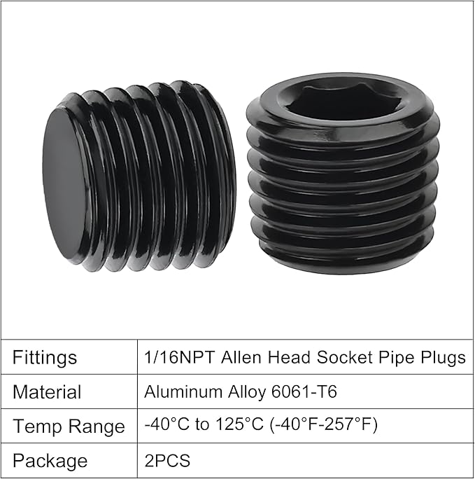 EVIL ENERGY 1/16" NPT Plugs Aluminum Socket Allen Head Black, 2PCS
