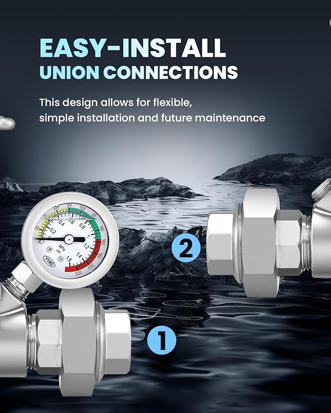 Water Pressure Reducing Valve 3/4 NPT Female Union, Stainless Steel, Pressure Gauge, Handwheel Adjustment