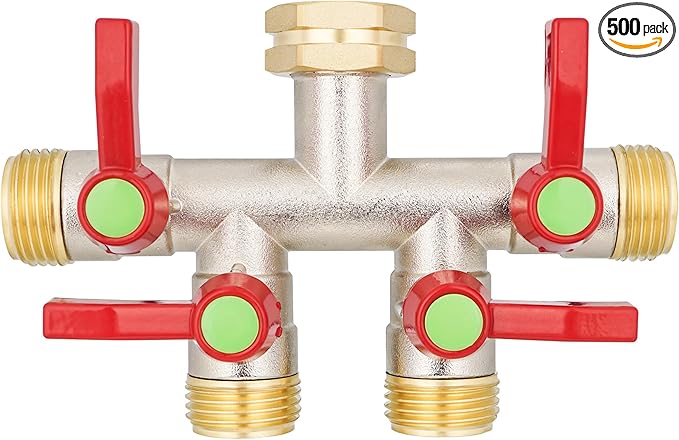 Hose Splitter 4 Way, High Flow Garden Hose Splitter, 3/4” Ght Inlet Brass Heavy Duty Hose Converter, Full Flow water 4 Way Faucet hose splitter, Long Handle Hose Valve Large Outlet.