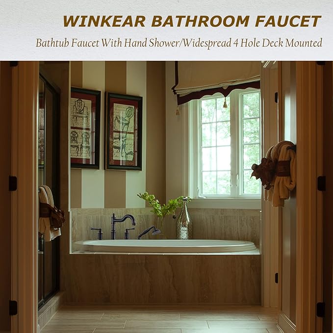 Roman Bathtub Faucet Set With Hand Shower 4 Hole Deck Mount Tub Filler With Diverter, 2 Lever Handle Rough-in Valve and Water Supply Lines Included for Bathroom Tub, ORB
