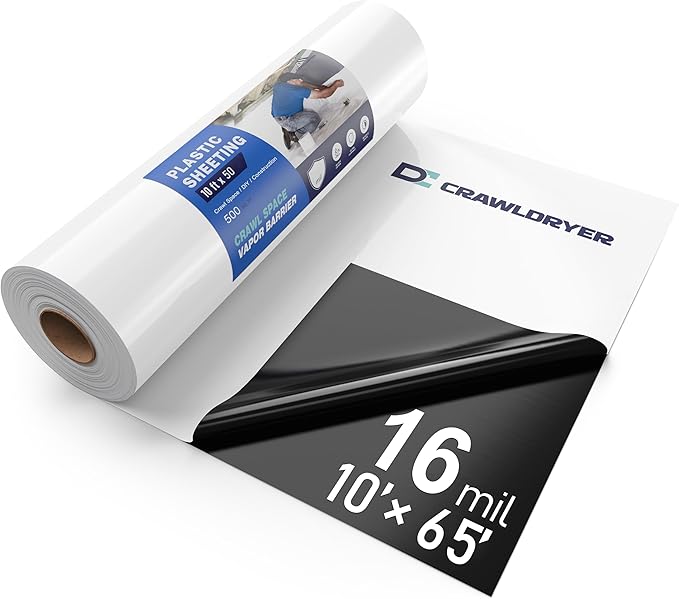Crawl Space Vapor Barrier - 16 mil 10' x 65', Concrete Vapor Barrier, Vapor Barrier for Crawlspace Encapsulation kit, Crawlspace Liner, Roll of Heavy Duty Plastic sheeting, Black and White Panda Film