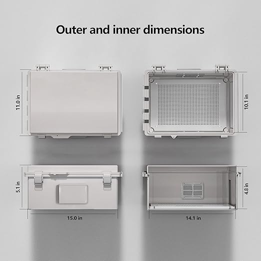 Electrical Junction Box, Ventilated Design, Cable Grommets, Indoor/Outdoor Use with Mounting Panel & Hinged Cover. Waterproof IP 65. (Grey Cover, 15"x11"x5.1")