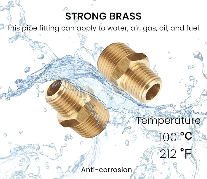 3/8 Inch Male to 1/4 Inch Male NPT Hex Nipples Reducer Adapter, NPT Brass Pipe Fittings Adapter, Brass Reducer Pipe Extension Connector, 0.625" OD × 0.5" OD, 5 Piece