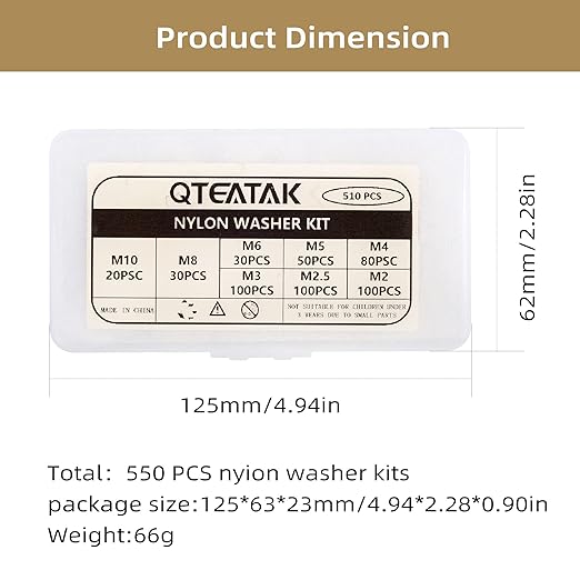 QTEATAK 510 Pcs White Nylon Flat Washer Assortment Kit for Electrical Connections on Household & Commercial Appliances, (M2 M2.5 M3 M4 M5 M6 M8 M10)