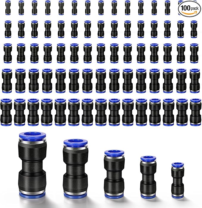 100 Pcs Quick Connect Air Hose Fittings, 5 Sizes Air Line Push to Connect Fittings Kit Quick Release Pneumatic Connectors Plastic Straight Tube Connector (2 Way, 4 6 8 10 12 mm)