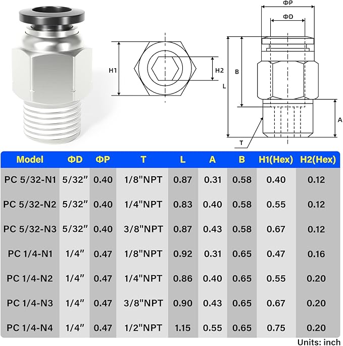 TAILONZ PNEUMATIC Male Straight 5/32 Inch Tube OD x 1/8 Inch NPT Thread Push to Connect Fittings PC-5/32-N1 (Pack of 10)