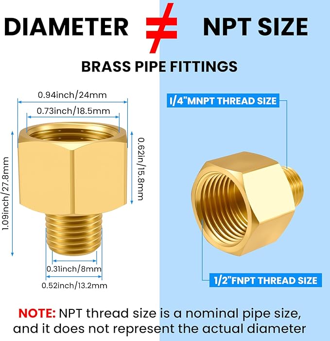 SDTC Tech 4-Pack Brass Pipe Fitting 1/4 NPT Thread Male to 1/2 NPT Thread Female Reducer Adapter, Brass Pipe Extension Connectors