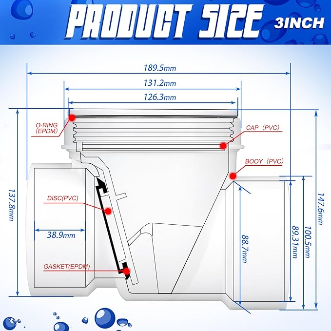 Tondiamo 3 Inch Backwater Valve Drain Backflow Preventer Valve Prevent Sewage and Rainwater from Flowing Back(White PVC)