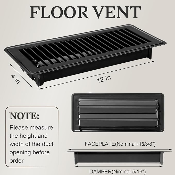 4 PCS Floor Vents Floor Registers 4x12 inch, Heavy Duty Metal Heat Air Vent Covers 4 X 12 with Rust Proof Finish for Home Office Wall Floor Registers Grilles & Vents (4, Black, 4x12 Inches)