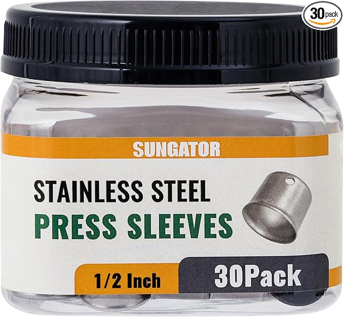 30 Pack 1/2" Pex Stainless Steel Press Sleeves, SUNGATOR 1/2'' Press Sleeves for 1/2 Inch Pex Pipe, Brass or Poly PPSU Pex Fittings