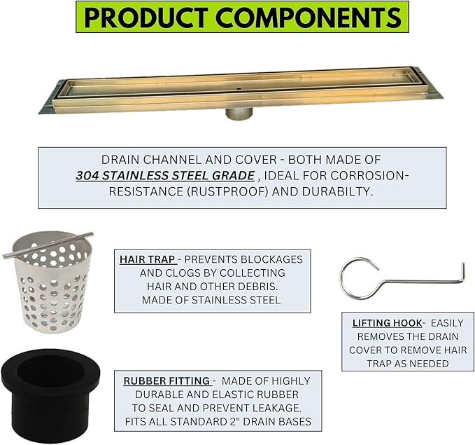 SereneDrains 304 Stainless Steel 30 Inch Tile in Linear Brushed Gold Shower Drain Kit Brass Floor Long Hair Catcher Strainer Grate Cover Bathroom Insert (Matte Gold, 30 Inch)