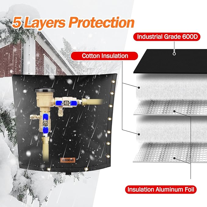 2-Way Opening Backflow Preventer Pipe Insulation Cover (5°F) - Irrigation Sprinkler Valve Cover - Water Well Pump Cover - Sturdy 5 Layers for Winter Freeze Protection (30" W x 30" H, Black