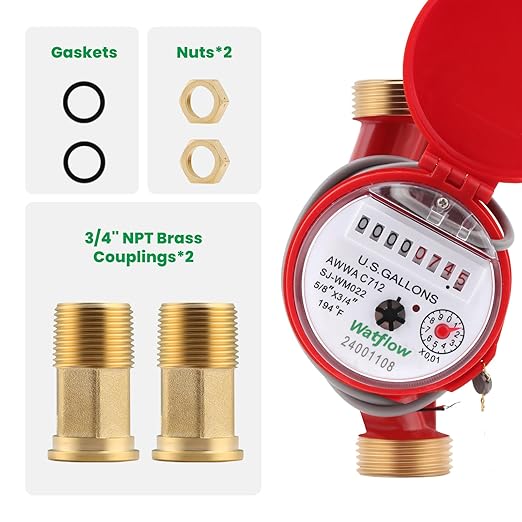 Watflow DN20 Water Meter 3/4" NPT, AWWA C712 Certification Gallon Water Flow Meter with Pulse Output, Hot Water Meter for Garden/Home/Apartment, Horizontal Install.