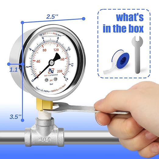 2-1/2" Liquid Filled Pressure Gauge, 0-200 PSI/0-14 Bar, 304 Stainless Steel Case, 1/4" NPT Lower Mount, Brass Connection, Manometer, IP67 Waterproof Air, Oil & Water Pressure Gauge