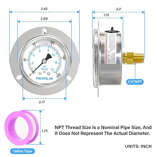 MEANLIN MEASURE 0~200Psi Liquid Filled Pressure Gauge Front Flange Panel Mount, 1/4" NPT 2.5" FACE DIAL Stainless Steel Case with Phillips Screw and Nut, +/-3-2-3%