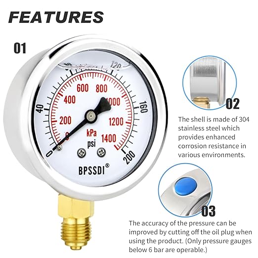 0-200 Psi Glycerin Liquid Filled Low Pressure Gauge, 2.5" Dial Size, 1/4" NPT Lower Mount, 304 Stainless Steel Case, for Water Pipe, HVAC, Water Oil Air Pressure Test