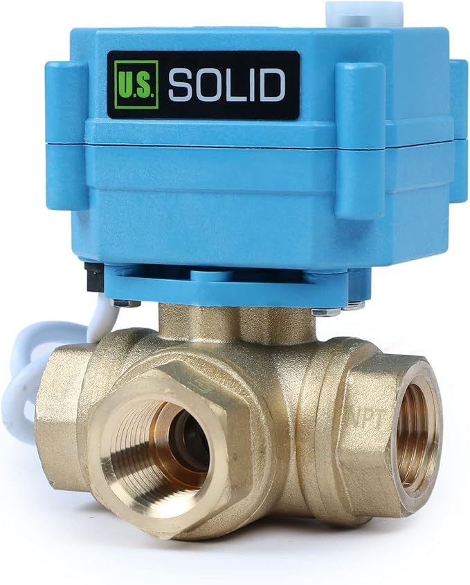 U.S. Solid 1/2" 3 Way Brass Motorized Ball Valve L Type AC/DC9-24V, Water Shutoff Valve with Manual Function, Standard Port, NOT for Drinking Water
