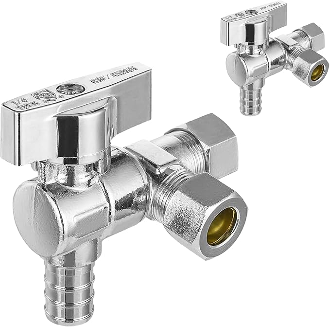 50-PCs HeSun Barb Crimp Inlet Angle Stop Valve, Quarter-Turn 1/2" PEX-B x 3/8" OD x 3/8" OD Compression, Dual Compression Outlet Shut Off Valve, PEX Chrome Plated Brass, ASTM F1807(VALVE200-50)