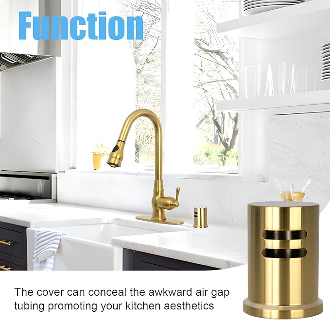 Akicon Brushed Gold Solid Brass Finish Kitchen Dishwasher Air Gap Cover Only, Air Gap Cover for Replacement, Skirted-OH79109BTG