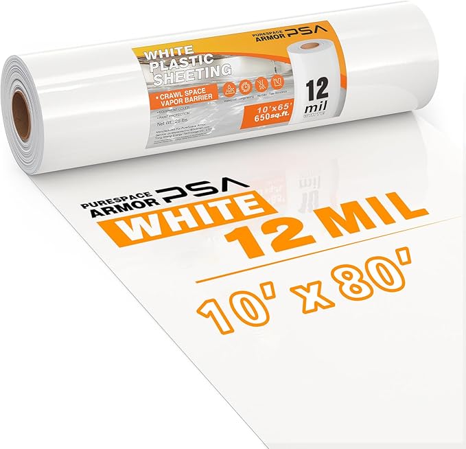 Crawl Space Vapor Barrier, 12 mil 10'x80', White Heavy Duty Plastic Sheeting - Thick Polyethylene Film, 12mil Crawlspace Liner, Drop Cloth Vapor Barrier Covering for Crawlspace and Basement