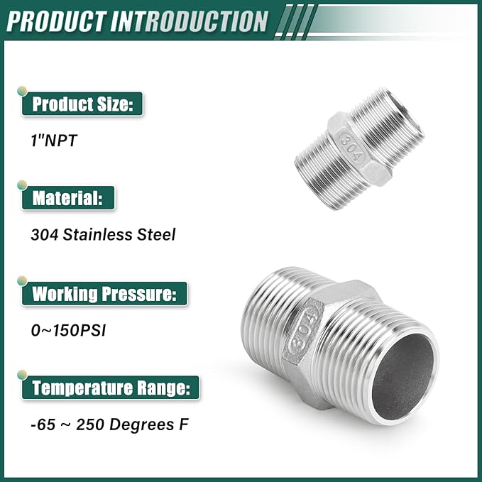 5PCS 304 Stainless Steel Hex Nipple, 1" Male NPT Straight Head Pipe Adapter Fittings, Equal Nipples Connectors for Oil, Water Line, Gas