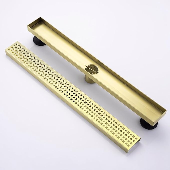 36 Inch Linear Shower Drain Bathroom Kitchen Golden Floor Drain Removable Capsule Pattern Cover Accessories Shower Drain 304 Stainless Steel Drain with Hair Strainer Adjustable Leveling Feet