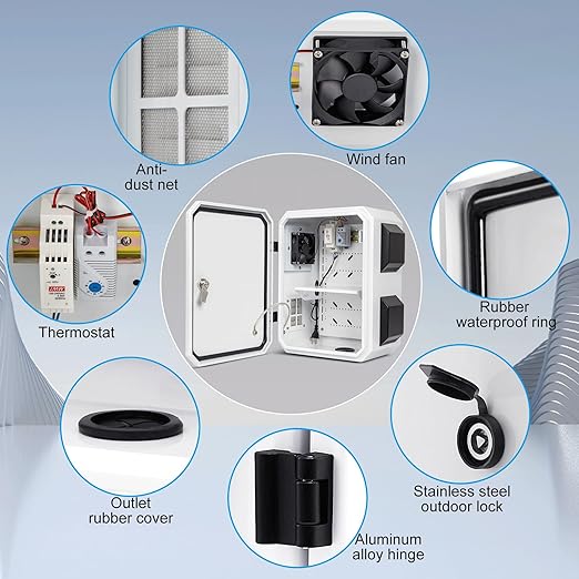 Outdoor Electrical Box with Thermostat and Fan, Cold-Rolled Steel Plate, Aluminum Alloy Back Beam, One-Piece Ventilation Design, IP65 Waterproof, Wall/Pole Mounted. (15.7" x 11.8" x 7.9")
