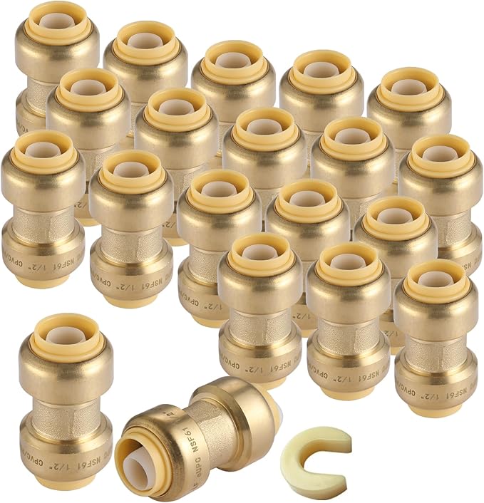 20 Pack 1/2 Inch Pushfit Straight Coupling, PEX Brass Push-fit Coupling with Disconnect Clip, Push-to-Connect Plumbing Fittings for PEX, Copper, CPVC(PF003-20Pack)
