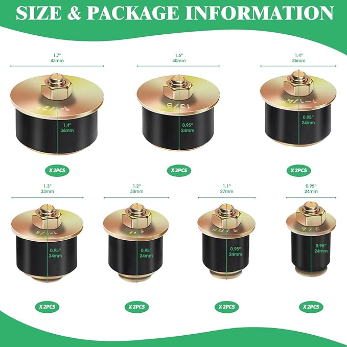 Yuahar 14Pcs 7 Sizes Automotive Rubber Expansion Plug Assortment Set, 4" 7/8" 1" 1-1/8" 1-1/4" 1-3/8" 1-1/2" Expandable Freeze Plugs for Car Engine