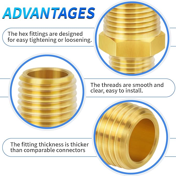ChillWaves Brass Pipe Fitting, Reducer Hex Nipple 1/2" NPT Male x 1/4" NPT Male Thread Adapter(3-PACK)