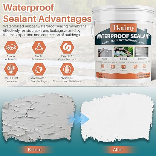 Waterproof Sealant White, 5 Gallon - Large Capacity Polyurethane Waterproof Coating for Huge Area Fix Leaks & Cracks, Roofs,Pools,Warehouses,Garages,Basements, Indoor & Outdoor Sealant Coating