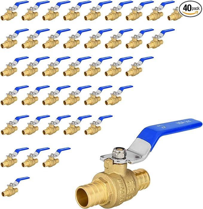 40 Pack Ball Valves, 3/4" Pex Crimp Shut Off Valve Blue, Brass Full Port Pex B Shut Off Ball Valve for Hot and Cold Water, NSF/ANSI 61 Certified