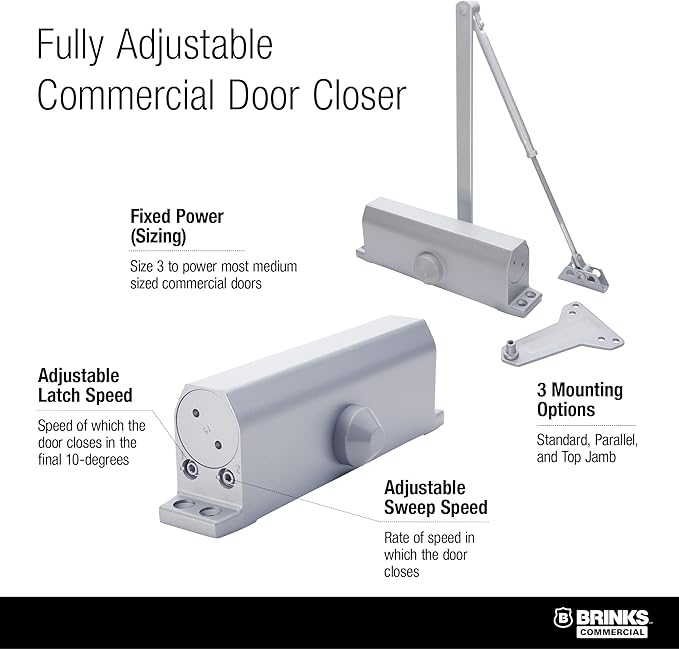 Brinks Commercial Heavy Duty UL Listed Door Closer, Aluminum Finish - Commercial Door Hardware for Offices & Buildings
