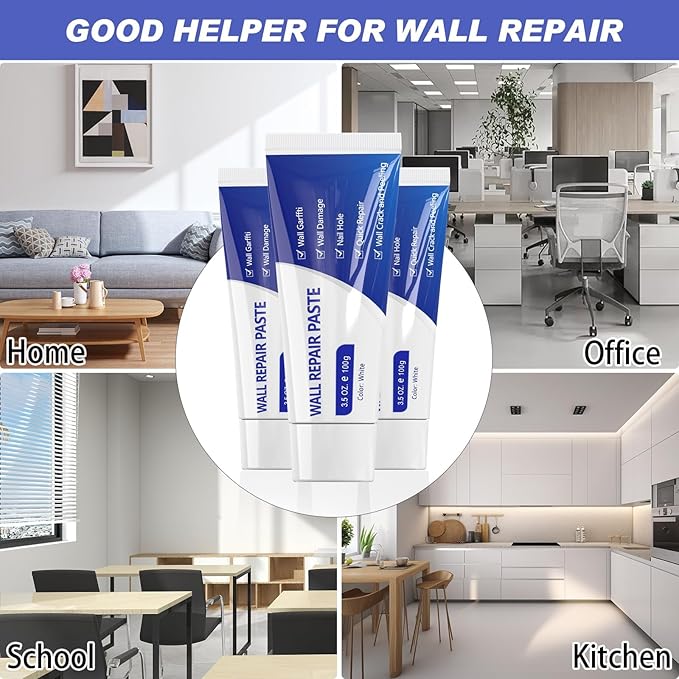 SEISSO Drywall Repair Kit, Wall Mending Agent*3(100g), Wall Patch*4, Scraper and Sandpaper*2, Wall Repair Paste Kit for Wall Cracks, Graffiti, Whitewall Hole Filler and Plaster Dent Repair