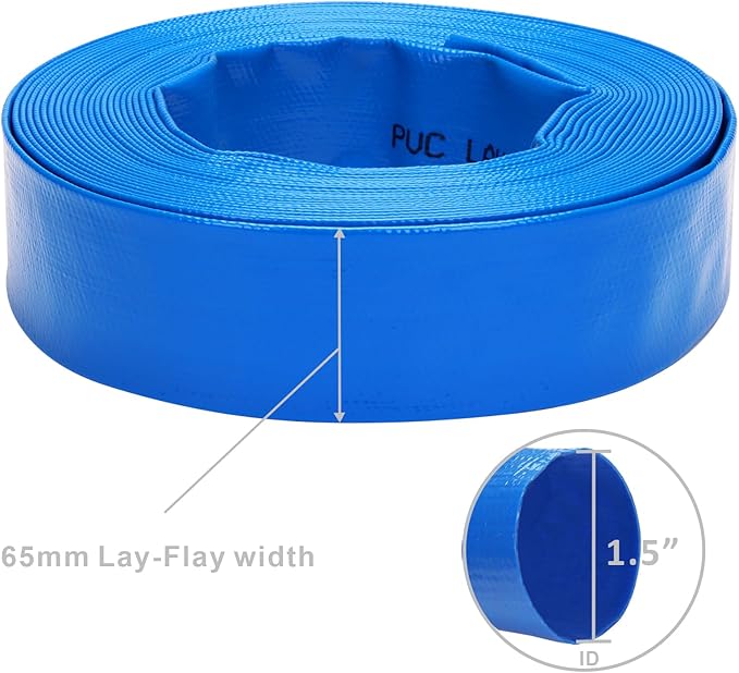 Lay-Flat Pool Backwash Hose - 1.5" x 50Ft Reinforced Heavy Duty PVC Discharge Hose Weather-Proof Vinyl Pool Drain Hose for Water Transfer with 2 clamps