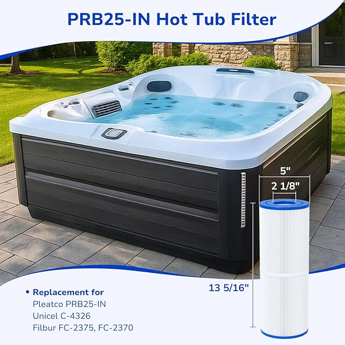 Fil-fresh 5×13 Drop-in Hot Tub Filter Replacement for Pleatco PRB25-IN, Spa Filters Replace Guardian 413-106, Unicel C-4326, Filbur FC-2375, FC-2370, 25 Sq. ft, 2-Pack