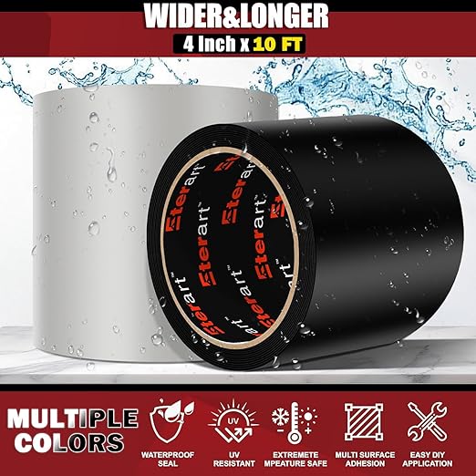 Waterproof Tape 4 Inch x 10 FT, Seal Tape Clean - Heavy Duty Leak Repair for Roof, Pipe, Boat, Hose & Outdoor Emergency Fix - Permanent Weather Resistant Seal