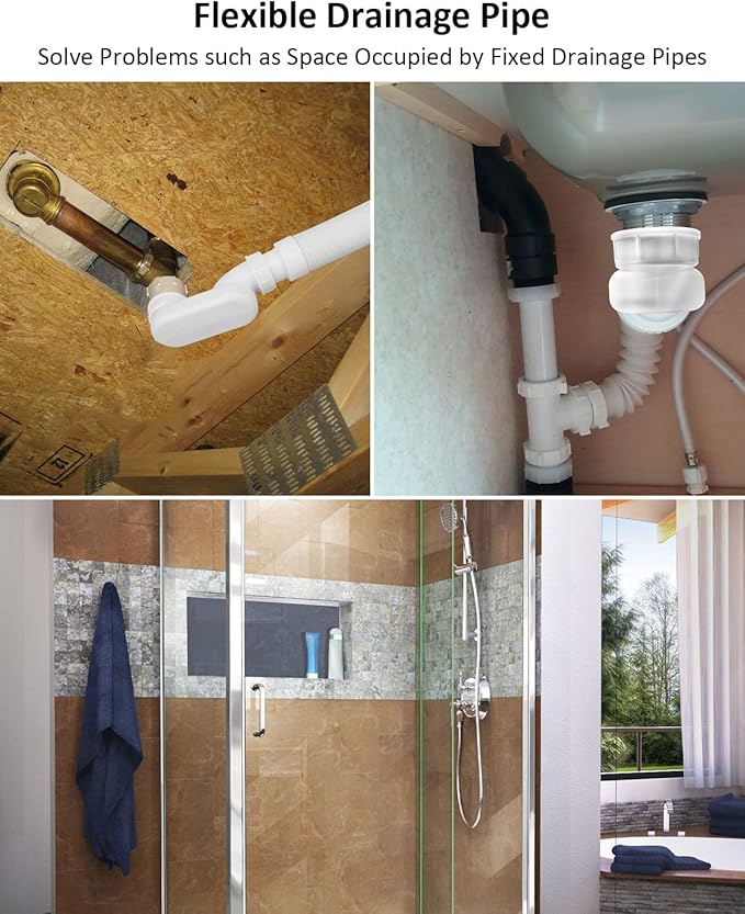 Bathtub Shower Drain Pipe, Low Profile Flat 1 1/2 P Trap Kit, Flexible Freestanding Tub Drain for Bath White