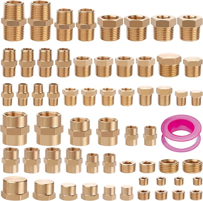 60pcs Brass Pipe Fittings Assortment Kit,Reducer Bushing,Hex Nipple,Reducing Hex Coupling,Hex Heand Plug,End Cap and Socket Plug Fitting Kit