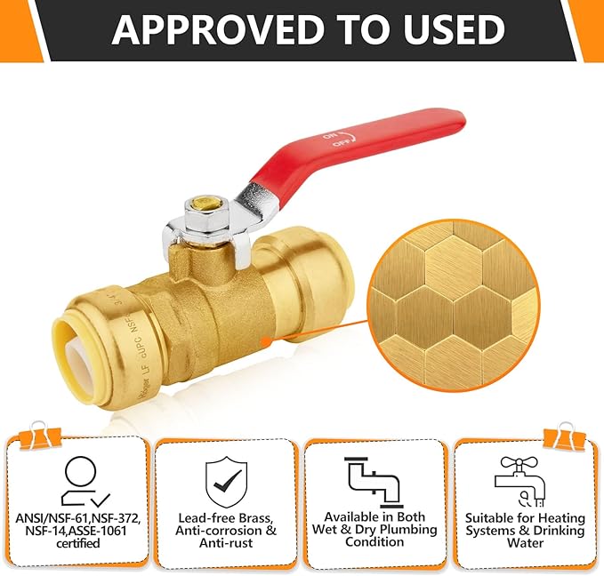 1-PC HeSun Push Fit Ball Valve, 1/2-Inch Push-to-Connect Full Port Shut-off Valve for Hot and Cold Water,with 1 Disconnect Clip, PEX,Copper,CPVC, Red(PF-VALVE046)