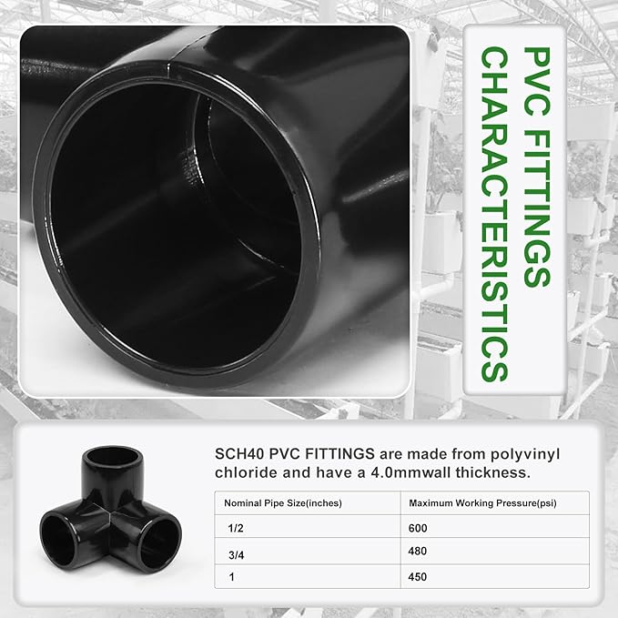 3 Way PVC Pipe Fittings 1/2 Inch, Zernmiarder Black PVC Elbow Corner Side Outlet Tee Fitting, SCH40 Furniture Grade Pipe Connectors - Fits 1/2" Polyvinyl Chloride Pipes, 4 Pieces