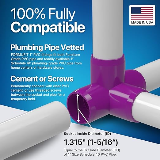 FORMUFIT 1” 4-Way Tee Furniture Grade PVC Fitting in Purple, Made in USA, UV-Resistant, Impact-Proof, 1.315” Actual Socket Diameter (Pack of 4) - F0014WT-PU-4