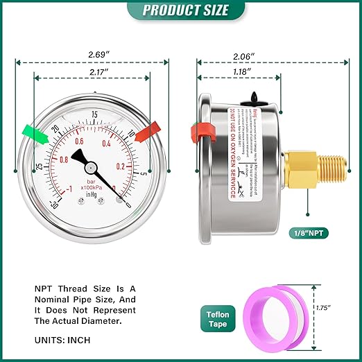 -30inHG-0PSI Stainless Steel Liquid Filled Pressure Gauge, 2.5" Dial Size, 1/8" NPT Back Mount, for Tube, Water Pump, Gas, Liquid, Pressure Test (with Range Mark Pointer)