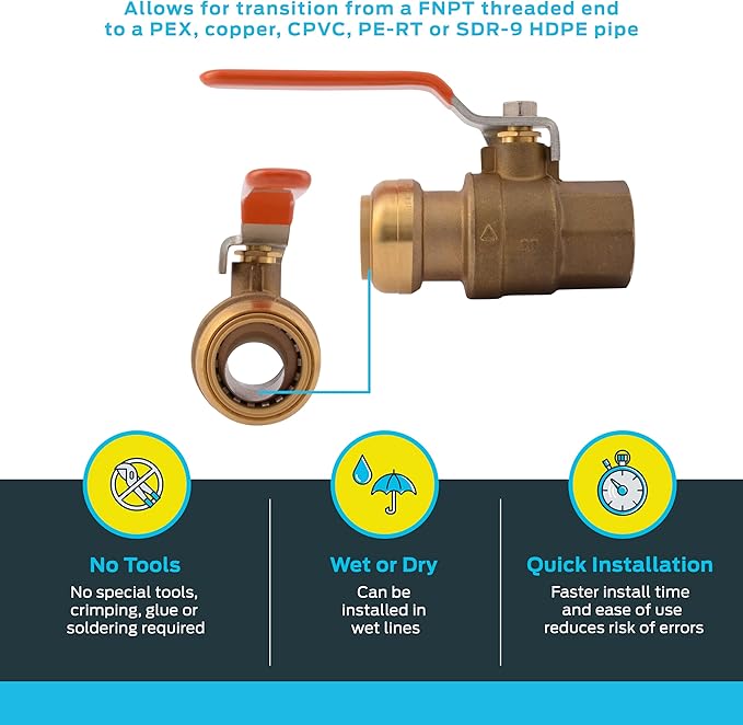 SharkBite 1 x 1 Inch Ball Valve with FNPT Connector, Push to Connect Brass Plumbing Fitting, PEX Pipe, Copper, CPVC, PE-RT, HDPE, 22187-0000LF