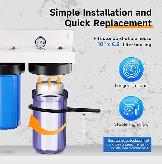 PUREPLUS 5 Micron 2-Stage Whole House Water Filter System for Municipal Water, 10"x4.5" Universal Clear Housing with Pressure Gauges, 1" NPT – NSF/ANSI 42 Certified Filters, Chlorine & Odor Removal