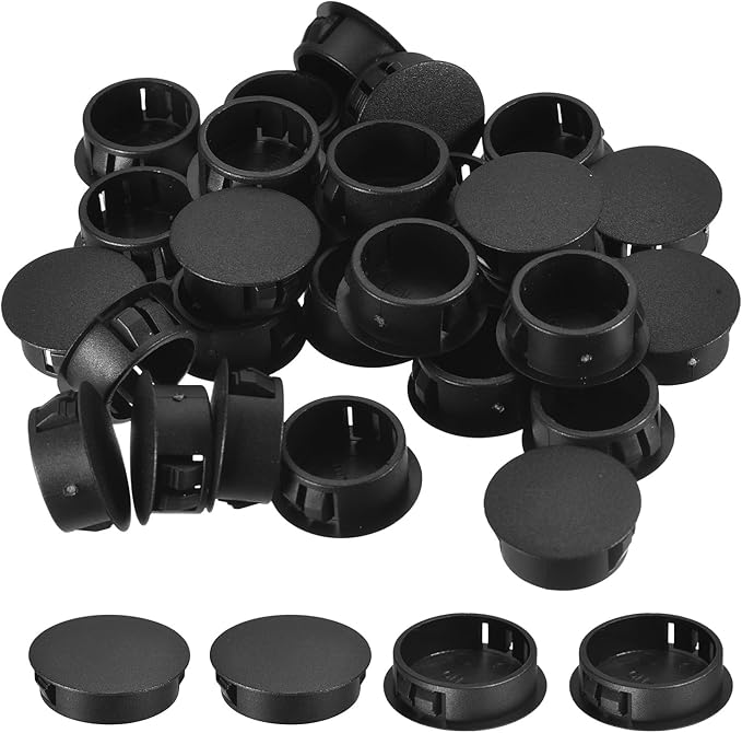 uxcell 1-3/8" Plastic Hole Plugs, 16Pcs Flush Type Panel Round Snap in Fastener Knockout Locking Plugs for Furniture Insert End Caps Panels, Black